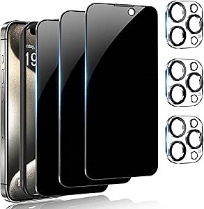 [3+3 Pack] Privacy Screen Protector Compatible with iPhone 15 Pro 6.1-inch, 3Pc Tempered Glass Screen Protector + 3Pc Camera Lens Protector with Easy Installation Frame, Anti Peeping