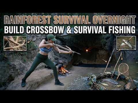 Rainforest Survival Overnight - Build Crossbow &Survival Fishing