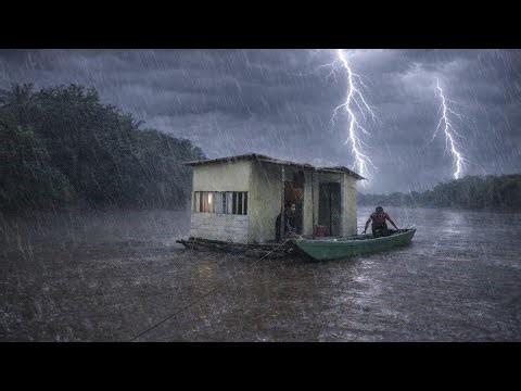 Camping hujan deras dan badai di rumah rakit bambu di tengah sungai | mancing dapat ikan sungai