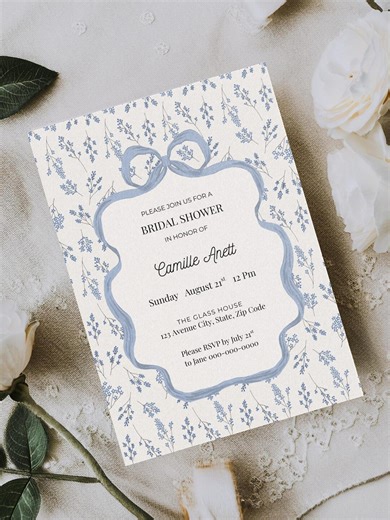 Floral Bridal Shower Invitation Canva Template, Blue and White Design, Editable Invite - Etsy