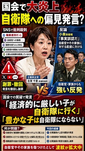 #政治 #自衛隊 【概要】 2026年6月15日の参議院決算委員会で、立憲民主党の古賀千景議員が自衛隊員の募集環境について質問する中で、 「経済的に厳しい子が自衛隊に行く」 「豊かな子どもたちは自衛隊にならない」 といった趣旨の発言を行いました。 これに対し、小泉進次郎防衛大臣は、 「事実誤認だ」 「自衛官やその家族に対する配慮に欠ける」 と反論。発言は自衛官本人だけでなく、その家族や子どもたちに対する偏見や職業差別と受け取られるとして大きな批判を招きました。 古賀議員はその後、発言を撤回し謝罪しています。 SNSやニュースサイトのコメント欄では、 「自衛官への侮辱ではないか」 「職業差別に聞こえる」 「国防を担う人々への敬意が欠けている」 といった批判的な意見が相次ぎ、大きな議論となりました。 一方で、一部からは「経済状況と進路選択の関係を指摘したかったのではないか」という見方もありましたが、表現が不適切だったとの評価が大勢を占めています。 今回の騒動は、自衛隊という職業に対する社会的認識や、自衛官とその家族への敬意のあり方について改めて議論を呼ぶ出来事となりました。 【参考資料・調