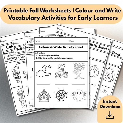 Fall Color and Write Worksheets | Printable Autumn Vocabulary Activities for Kids - Etsy UK