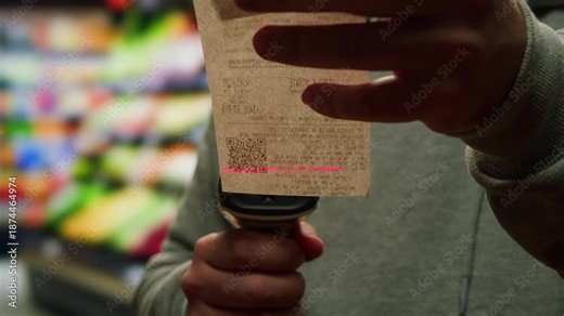 Scan scanning QR code Shipping Label For Delivery payment for parcels in shop store, supermarket paper list, receipt for purchases.