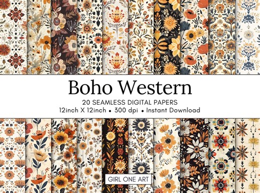Boho Western Digital Paper: Cowgirl Floral Seamless Patterns (PDF & JPEG Download) - Etsy