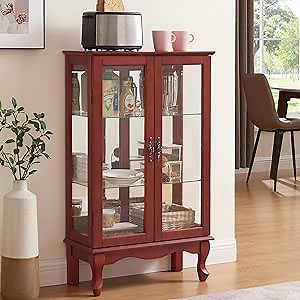 43"H Lighted Display Curio Cabinet, 3-Tier Glass Accent Storage Cabinet Curio Showcase w/ 2 Doors & Adjustable Shelves, Wine Artwork Storage Rack w/ Mirrored Back Panel for Living Room (Cherry)