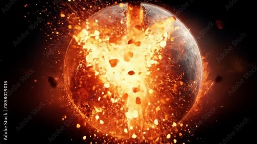 Planet split by a blazing eruption; molten core spews shards in a fiery explosion across space afar