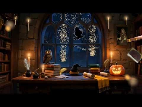 Hogwarts Halloween Ambience | Enchanted Library with Owls, Magical Rain for Sleep, Reading & Relax