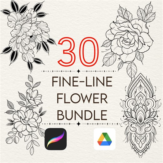 30 Fine-line Flower Procreate Stamp Brushes – Classic Fine Line Flower Flash Tattoo Art (digital Download) - Etsy