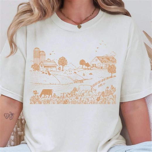 Minimalist Farm Scene T-shirt, Tattoo Style Line Art, Comfort Colors® Tee - Etsy
