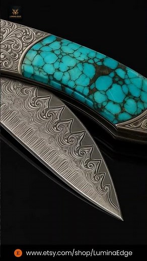 Handcrafted Damascus Steel Folding Knife | Turquoise Inlay & Engraved Collectible Pocket Knife