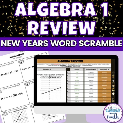 Algebra 1 Review New Years Activity Digital and Worksheet