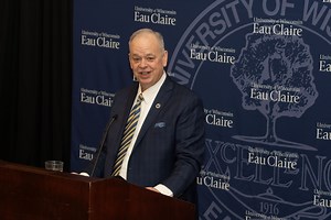 At a press conference held today in Davies Center, Chancellor James Schmidt, Interim Chancellor Mike Carney and Eau Claire Area Chamber of Commerce President and CEO David Minor discussed the leadership transition announced on Wednesday. "It has been an absolute honor and privilege to serve as chancellor at this phenomenal university, powered by Blugolds who strive for excellence every day," said Chancellor Schmidt. "We have made the world a better place, and our work is not yet done. As we look