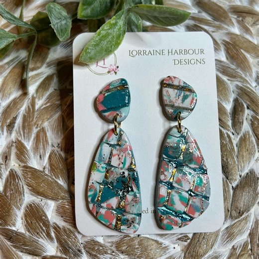 Teal & Blush Mosaic Polymer Clay Earrings | Gold-accented Handmade Statement Drops - Etsy