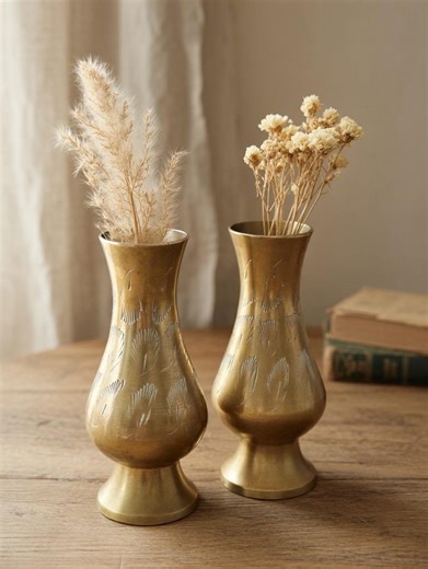 Vintage Brass Bud Vase Pair, Etched Mini Brass Vases, Mid Century Small Flower Vases, Boho Home Decor, Rustic Shelf Decor - Etsy