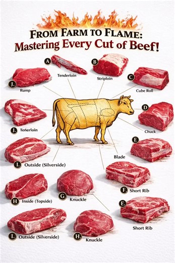 From Farm to Flame: Mastering Every Cut of Beef — Complete Breakdown for Serious Meat Lovers If you want to cook beef like a professional, you must understand where each cut comes from, how tender it is, and the best way to prepare it. This visual guide maps premium, mid-range, and budget cuts from nose to tail, helping you choose the right meat for grilling, roasting, braising, or slow cooking. Premium Tender Cuts (Best for Grilling and Quick Cooking) A. Tenderloin — The most tender muscle on t