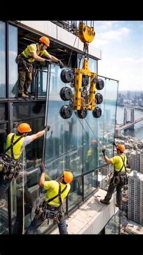 Workers carefully align the glass panel using guide ropes and suction lifters before lock
