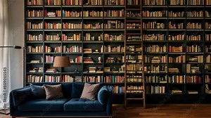 Video animation of large bookshelf that spans the entire wall from floor to ceiling. The bookshelf is filled with numerous books of various sizes and colors