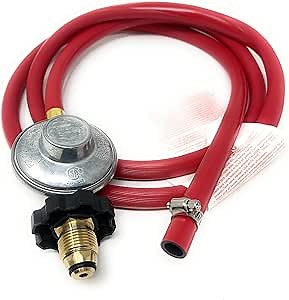 Gas Regulator and Hose Connection kit, 6 Feet Red Rubber Low Pressure Gas Propane Assembly with Brass POL Fitting, for LP/LPG Gas Grill, Heater and Fire Pit Table.