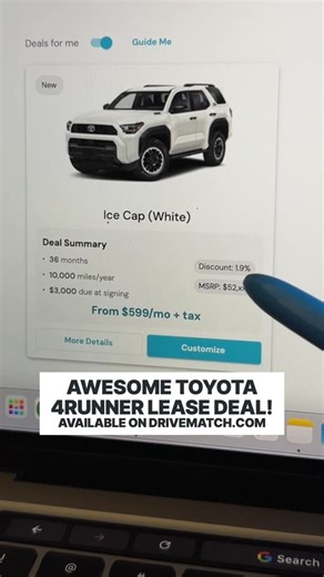 Ravi Wadan (Finance Education) on Instagram: "Incredible 2025 Toyota 4Runner Lease Deal! This is one of the best lease deals on a 2025 4Runner in the country! Available now on DriveMatch #toyota4runner #toyota #carlease #newcarshopping #carshopping"
