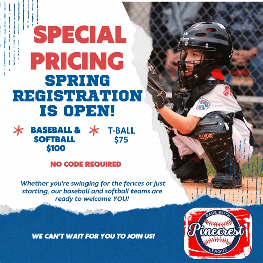 🎉 Registration is NOW OPEN! 🎉 ⚾ Early Black Friday Specials available until Black Friday! 💥 $75 for Pee Wee 💥 $100 for all other divisions Assessments will be 1/8 OR 1/10. More information to come! (T-ball doesn't attend Assessments) Practices: will begin End of January Games: Will start in February. Opt-in for messages when registering! https://pinecrestbaberuthleague.sportngin.com/register/form/494785472 Come join us at Pinecrest for: ⭐ Fun and teamwork ⭐ Caring, dedicated coaches ⭐ Learni