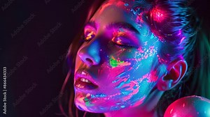 A woman with neon face paint poses in a studio setting