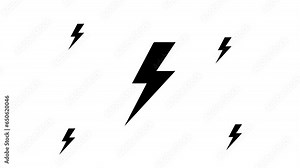 Zoom in and out animation the lightning symbol. Large black symbol in the center and four small symbols around. Seamless looped 4k animation on white background