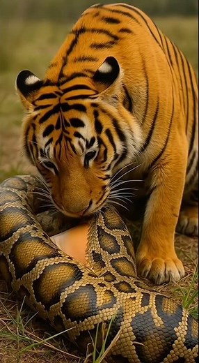 The Mother Tiger Fought the Python to Save Her Cub! 🐅 母トラは子を救うためにニシキヘビと戦った！ #sora2 #tiger