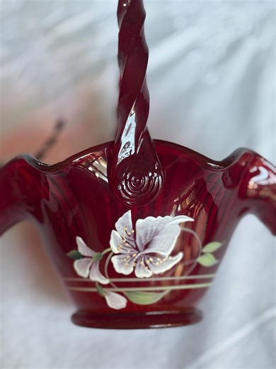 Fenton Ruby Red Glass Basket | Hand Painted Floral | Twisted Handle | Vintage Art Glass | Collectible Fenton Decor - Etsy