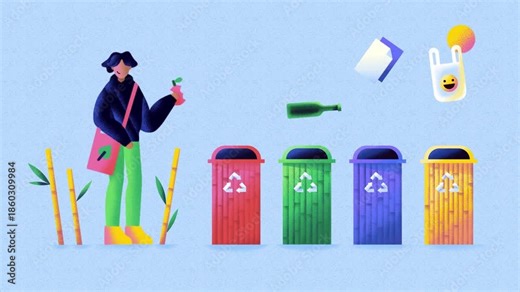 Man sorting waste into recycling bins, eco friendly lifestyle and environmental responsibility concept, 2D animation