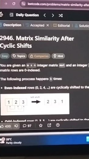 LeetCode 2946: Matrix Similarity After Cyclic Shifts | Easy Solution 🚀