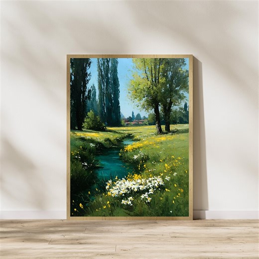 Spring Landscape Art Print, Meadow Wall Art, Countryside Nature Poster, Floral Field Painting, River Landscape Decor, Digital Download - Etsy