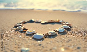Heart made of seashells on the sand of a beautiful beach