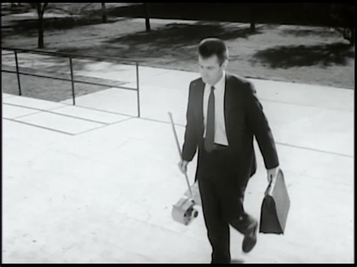 A silent Telenews newsreel from 1959 featuring Illinois Institute of Technology graduate student Louis Richards riding a miniature power scooter called a "Skeeter" around the IIT campus. The scooter was assembled from rollerskate wheels and powered by a model airplane engine to dramatize Richards' thesis on "minimal transportation." ☀︎ A digitized 16mm film from the Frank Koza Collection. | Chicago Film Archives
