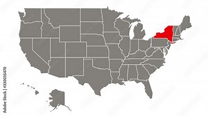 New York federal state blinking red highlighted in map of USA
