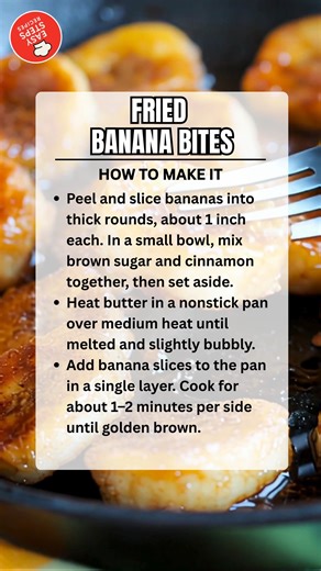 Fried Banana Bites 🍌✨ Ingredients 3 ripe bananas 2 tbsp butter 3 tbsp brown sugar 1 tsp cinnamon ½ tsp vanilla extract Pinch of salt How to Make: Peel and slice bananas into thick rounds, about 1 inch each. In a small bowl, mix brown sugar and cinnamon together, then set aside. Heat butter in a nonstick pan over medium heat until melted and slightly bubbly. Add banana slices to the pan in a single layer. Cook for about 1–2 minutes per side until golden brown. Sprinkle the cinnamon sugar mixture