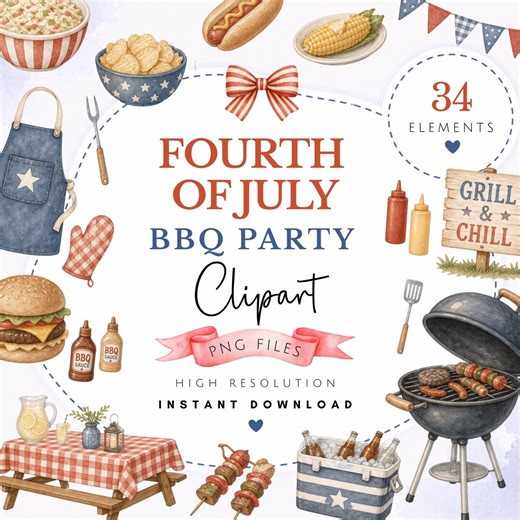 Watercolor Fourth of July BBQ Party Clipart Bundle - 4th July PNG Art - Independence Day Pictures - Patriotic BBQ Party Instant Download - Etsy