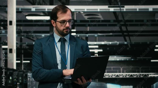 Happy data center programmer using laptop and AR tech to monitor error logs, debugging systems. Cheerful server hub employee running diagnostics checks on wireframe mesh infrastructure, camera B
