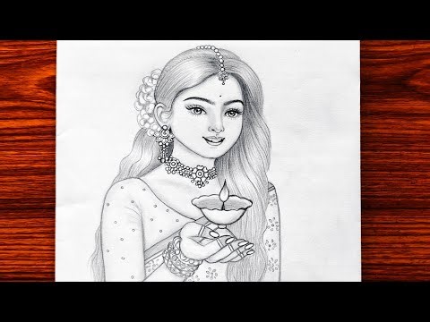 Traditional girl with diya drawing/Bride drawing/Saree drawing/Girl drawing/Pencil Sketch