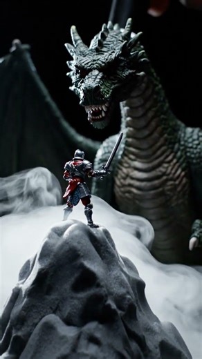 A fantasy knight action figure climbs a foam mountain stabbing his sword into the surface for grip
