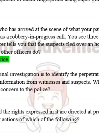 Police Sergeant Practice Exam Questions & Correct Answers SECTION A: SUPERVISION & LEADERSHIP Q1. The MOST important role of a police sergeant is to: A. Make arrests B. Supervise officers and ensure policy compliance C. Investigate major crimes D. Manage department budgets Correct Answer: B Q2. Which leadership style is MOST effective for police supervisors? A. Autocratic B. Democratic C. Laissez-faire D. Situational Correct Answer: D Q3. A sergeant who fails to act after learning of officer mis