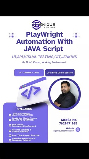 Mohit Kumar on Instagram: "🎉 New Playwright with JavaScript Automation Testing Batch Starting 15th December! If you want to switch from Manual to Automation or upgrade your QA skills — this batch is perfect for you. 🕒 Batch Timing: 8:30 pm to 9:30 PM IST 💻 Mode: Online Live Sessions ⭐ What You Will Learn Playwright + JavaScript (Beginner to Advanced End-to-End UI Automation API Automation using Playwright Real-Time Project Implementation Hybrid / Page Object Model Framework Reporting, Logging