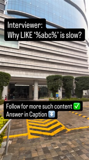 Arun Garg | Code Meets Tech on Instagram: "This is a classic SQL performance trap. Why is LIKE ‘�c%’ slow? 1️⃣ Index cannot be used When the pattern starts with %, the database can’t use the index efficiently. WHERE name LIKE ‘�c%’ ❌ full table scan WHERE name LIKE ‘abc%’ ✅ index can be used 2️⃣ Every row must be checked The database has to scan all rows and match the pattern character by character. 3️⃣ String comparison is expensive Pattern matching costs more CPU than exact comparison with =. 