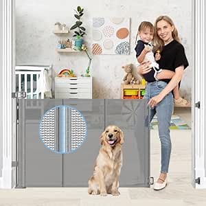 Reinforced Retractable Baby Gates with Support Rods, Retractable Gate for Babies and Pets Prevent Bottom Crawling Through, Extends up to 55” Wide, Mesh Dog Gate for The House Indoor Outdoor, Gray