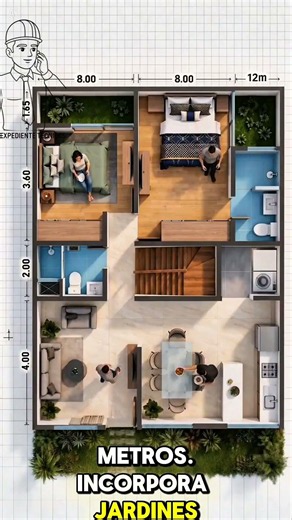 Una idea para su casita de 8x12m ✅️🏡Con 2 recámaras y jardines