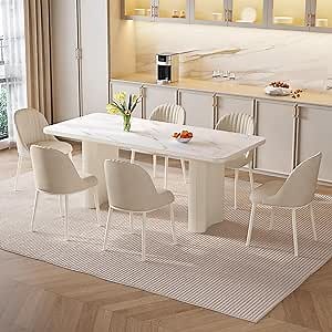 Guyii 63.14" Dining Table Set with 6 Chairs, Modern Rectangular Kitchen Table, Indoor Dining Table for Kitchen, Bar, Living Room, Cream White, Easy Assembly