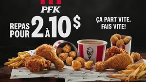 Le Repas pour 2 à 10 $ contient 4 mcx Recette originale, 2 Poulet pop-corn, 2 frites et de la sauce, juste pour 10 $ (ça fait juste 5 $ chacun, oui, oui). | PFK Quebec