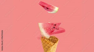 Creative animation of ice cream cone with falling watermelon pieces