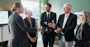 Business people, handshake and welcome for deal with applause in boardroom with support and cheering. Professional, employees and teamwork with clapping hands for target achievement and promotion