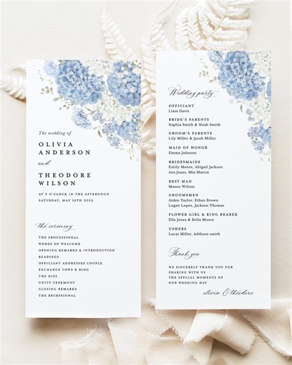 Dusty Blue White Hydrangea Wedding Program, Ceremony Program, Elegant Blue Floral Program Template (digital Download) - Etsy