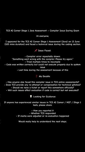 TCS AI Career Stage 1 Java Assessment – Compiler Issue During Exam